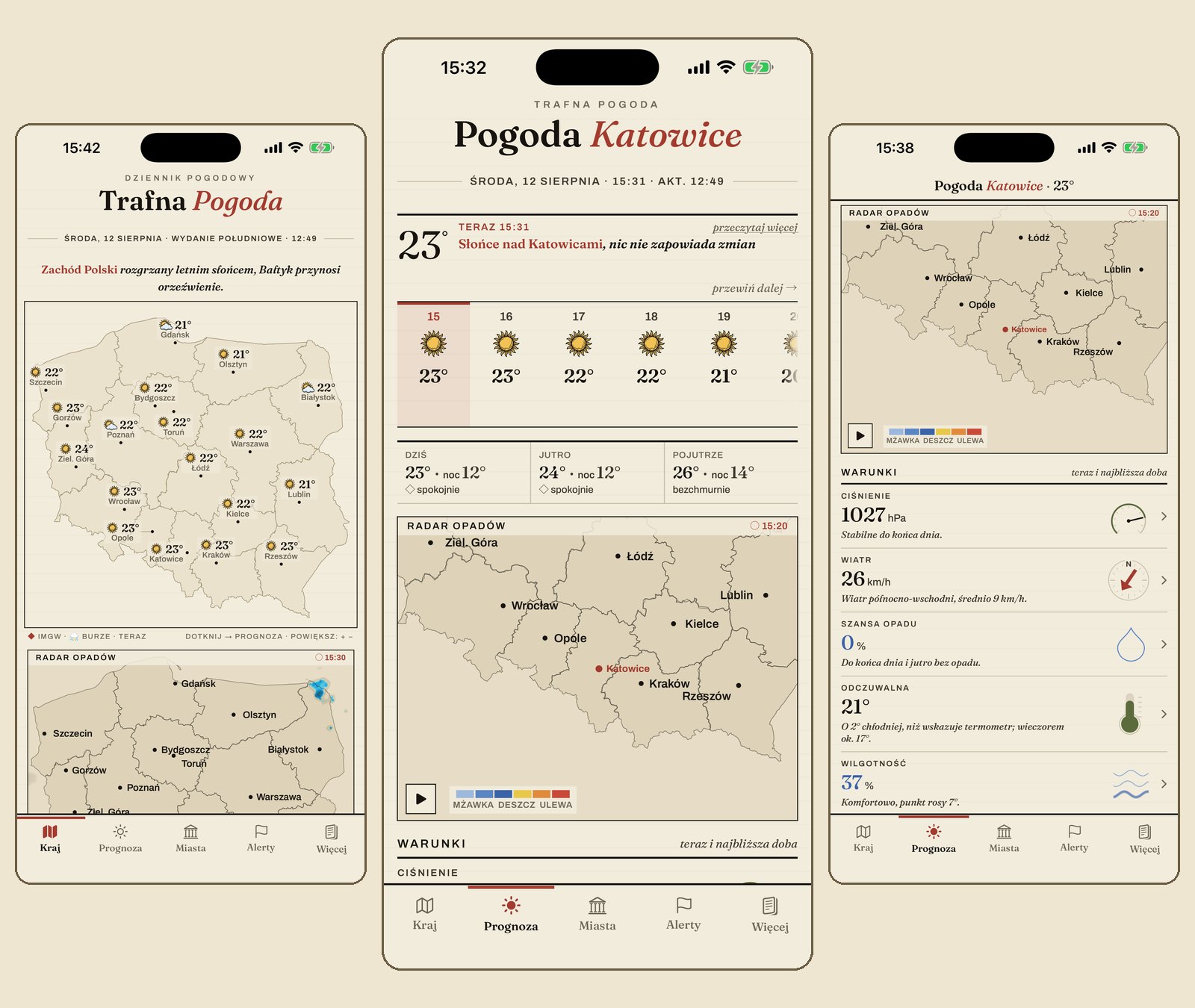 Trzy ekrany aplikacji Trafna Pogoda w wersji 1.4: mapa kraju ze stolicami województw, prognoza dla Katowic i tablica WARUNKI