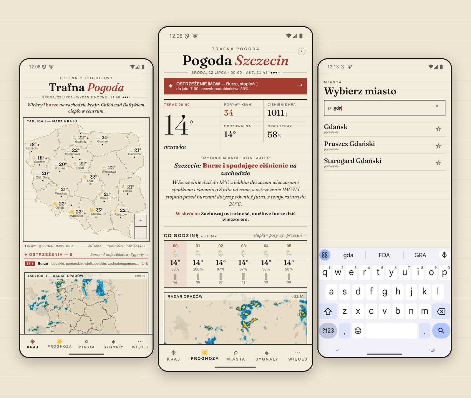 Trzy ekrany aplikacji Trafna Pogoda: mapa kraju, prognoza dla Szczecina i wyszukiwarka miast