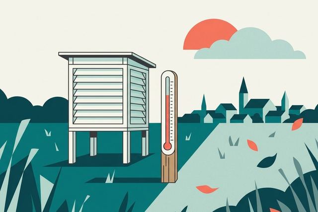 Ilustracja: klatka meteorologiczna i termometr na łące pod miasteczkiem, trawa od letniej do jesiennej