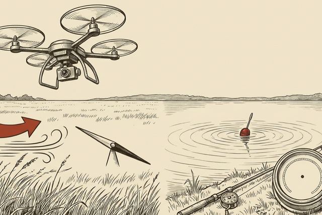 Rycina almanachowa: dron nad łąką i igła magnetyczna po lewej, spławik na jeziorze i barometr po prawej