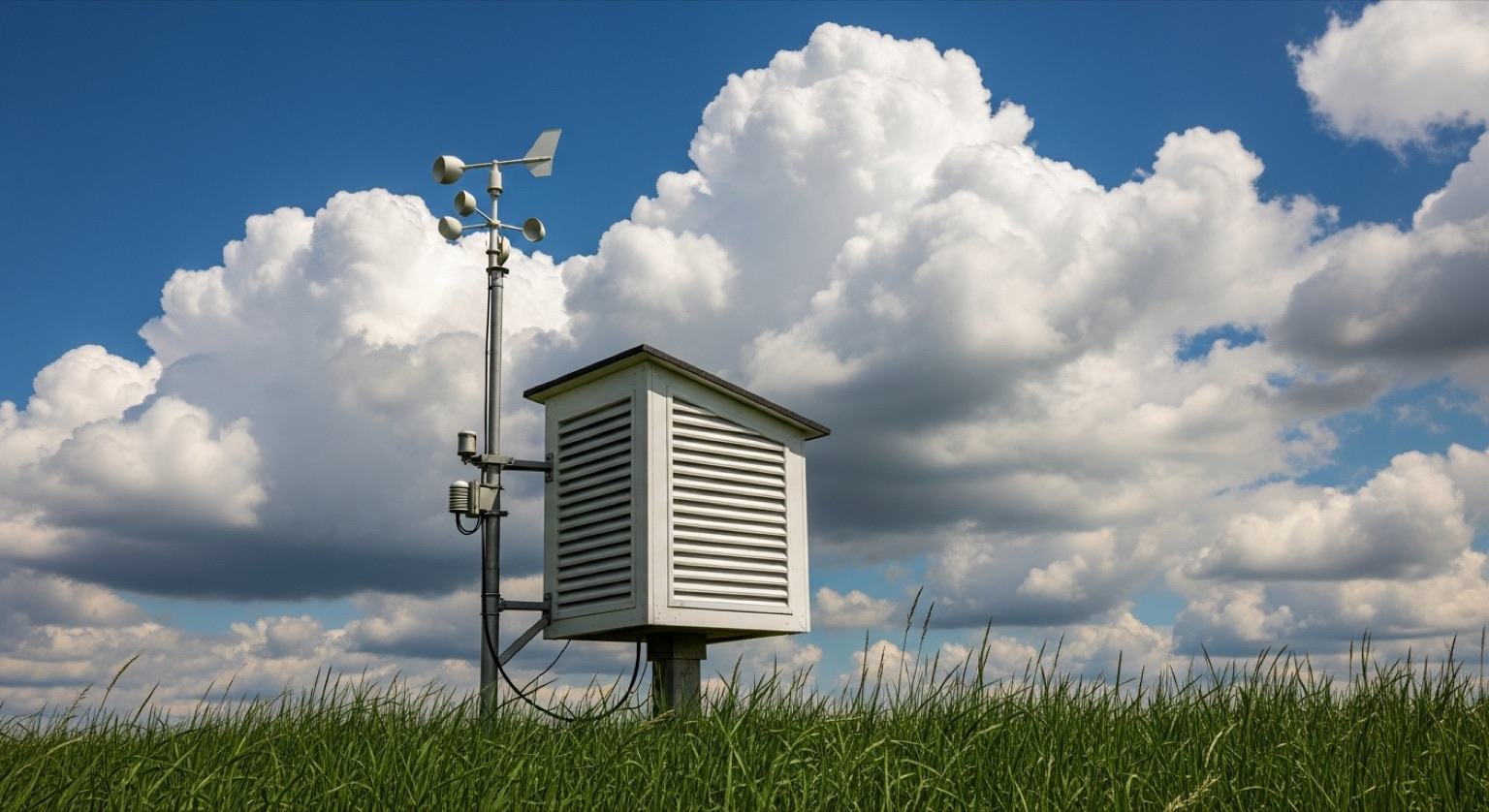 Kronika #2 — system weryfikacji prognoz (ilustracja) Klatka meteorologiczna z wiatromierzem na tle letniego nieba z chmurami kłębiastymi nad zieloną łąką