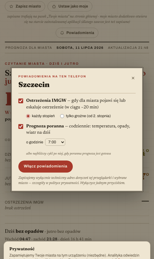 Krok 2: ustawienia i włączenie Okno ustawień powiadomień: ostrzeżenia IMGW, prognoza poranna z wyborem godziny i przycisk Włącz powiadomienia